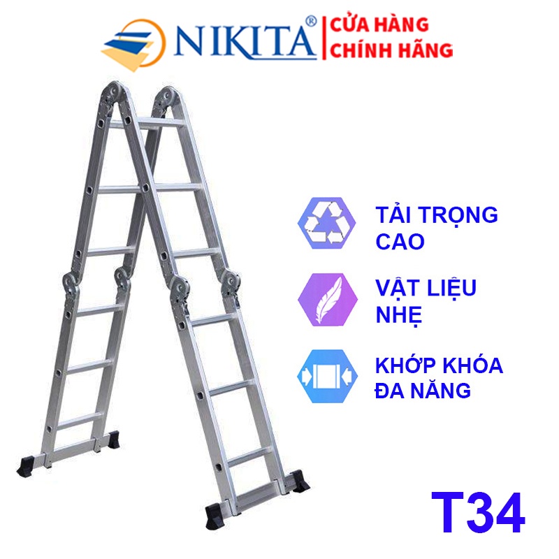 Thang nhôm gấp 4, khóa sập tự động, NIKITA A34/T34