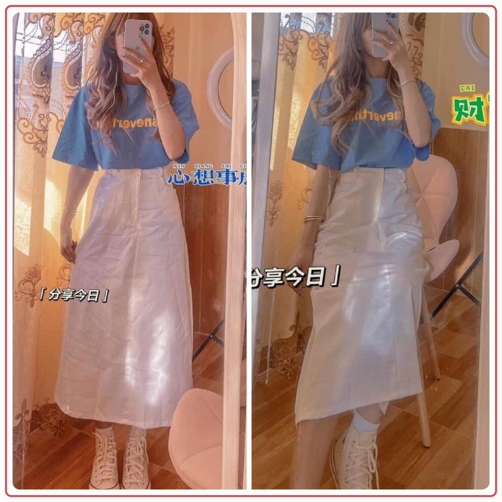 Set áo thun mix chân váy kaki 💖FREESHIP💖 Set chân váy trắng dài cực xinh AD02