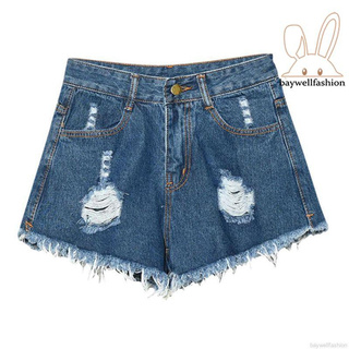 Quần Short Jean Rách Cạp Cao Cho Nữ