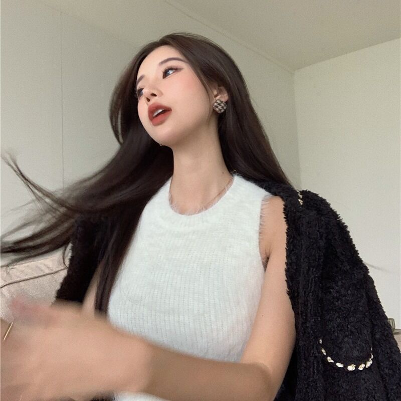 Áo dệt kim sát nách cổ tròn màu trơn đơn giản hợp thời trang