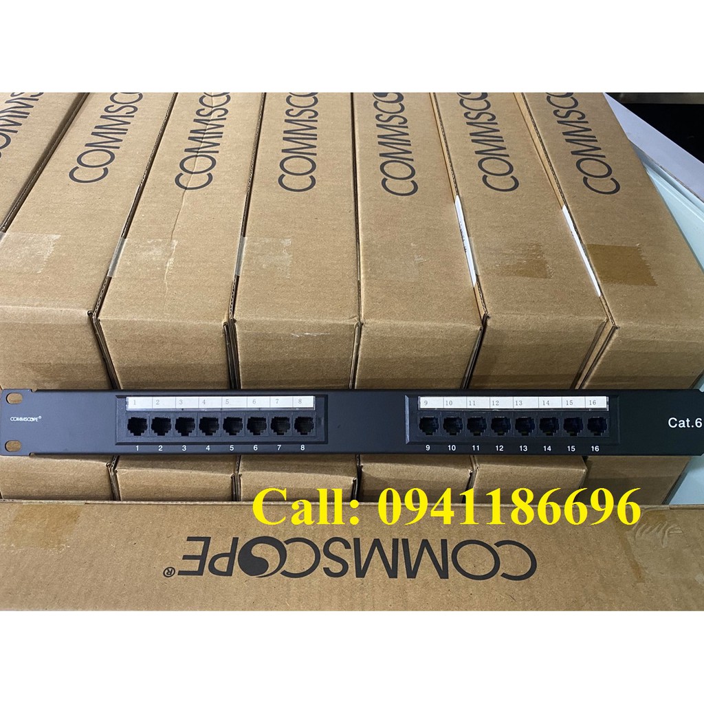Patch panel 16 port Cat6 nhân liền Commscope, dùng thanh chuẩn 24 cổng