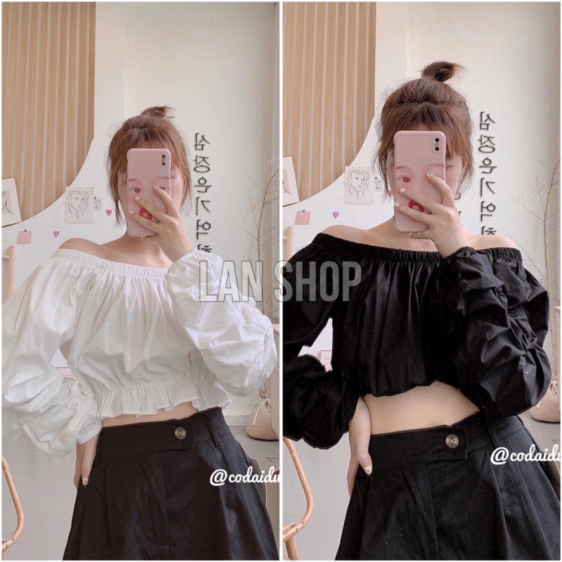 Áo Trễ Vai Tay Nhún Bèo 2 Màu Đen trắng, Áo sơ mi trễ vai Croptop