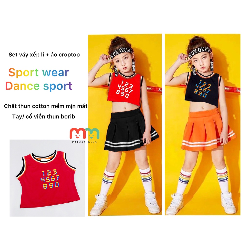 Set váy bé gái áo croptop chân váy liền chip bé học nhảy zumba thun cotton cao cấp, thấm hút tốt bé 25kg đến 43kg