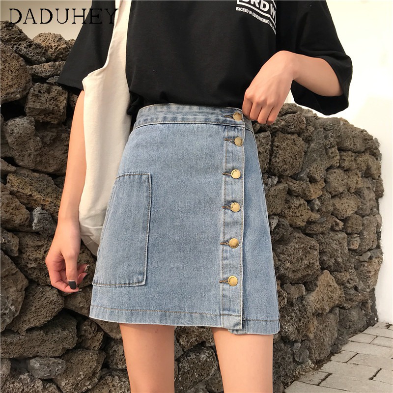 Daduhey Chân váy ngắn denim dáng chữ A có túi ngang hông thời trang mùa hè 2022 mới