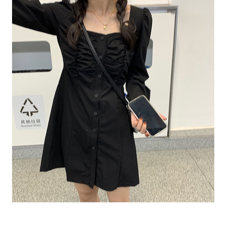 Đầm chữ A tay dài cổ vuông phong cách Hàn Quốc