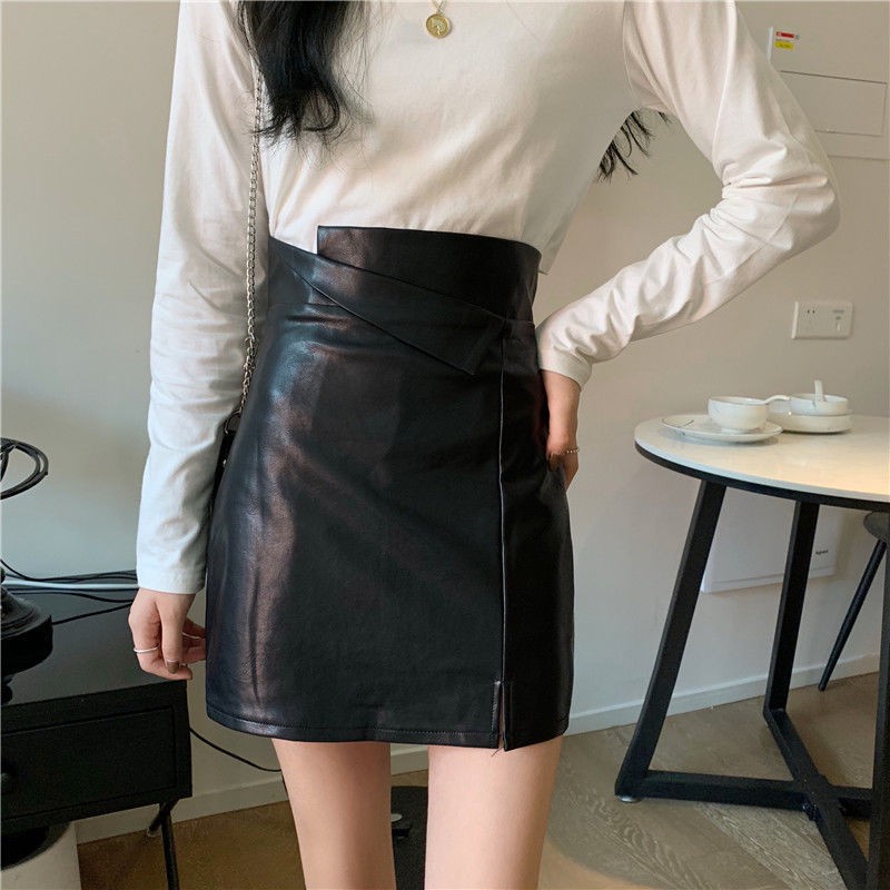 Korean style fashion high waist A-line skirt Small skirt Sexy leather skirt