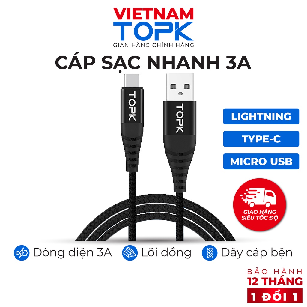 Dây sạc 3 đầu TopK AN42 - dòng điện 3A - Hàng bảo hành 12 tháng