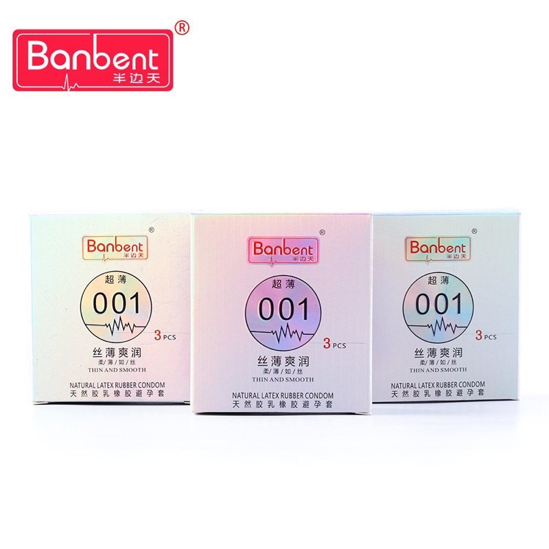 Bao cao su BANBENT 001 thin and smooth siêu mỏng, gốc nước, nhiều gel, hương thơm Hộp 3 bcs