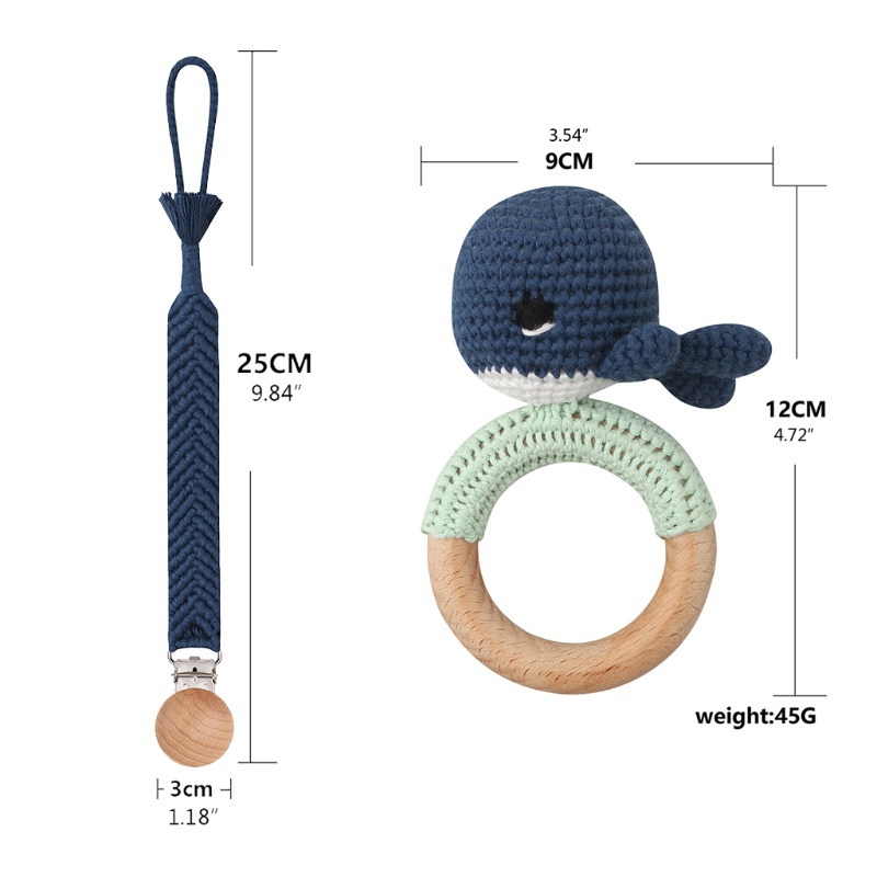 1 Bộ Vòng Ngậm Mọc Răng + Giá Đỡ Kẹp Dây Xích Bằng Cotton Đan Hình Cá Heo DIY Cho Bé Sơ Sinh