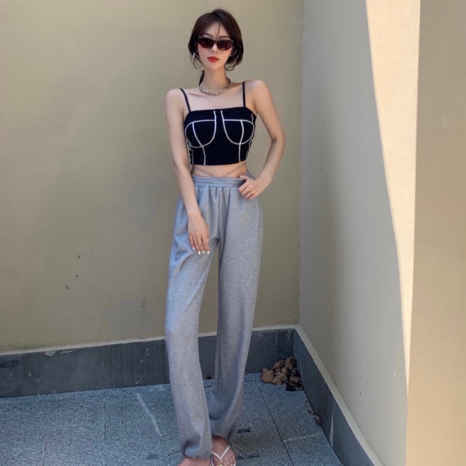 Áo hai dây dệt kim ZHELIHANGFEI dáng ngắn có đệm ngực phong cách gợi cảm