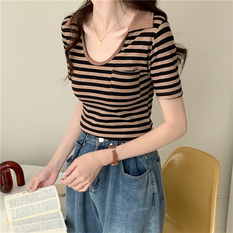 SUXI Áo Thun Cotton Ngắn Tay Cổ Chữ U Họa Tiết Kẻ Sọc Phong Cách Vintage Thời Trang Mùa Hè