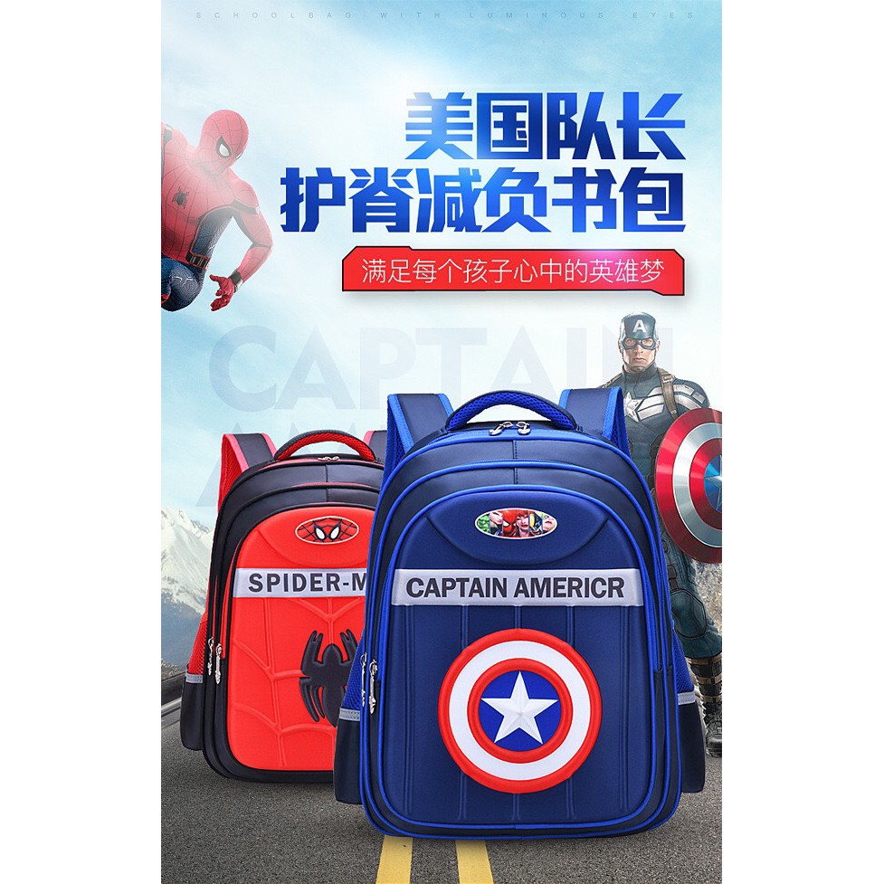 Balo người nhện đỏ Captain xanh hình in 3D cho bé trai đi học cấp 1 E136