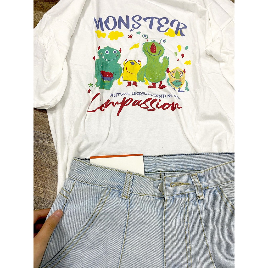 Áo thun trắng họa tiết MONSTER chất thun cotton thoáng mát form rộng