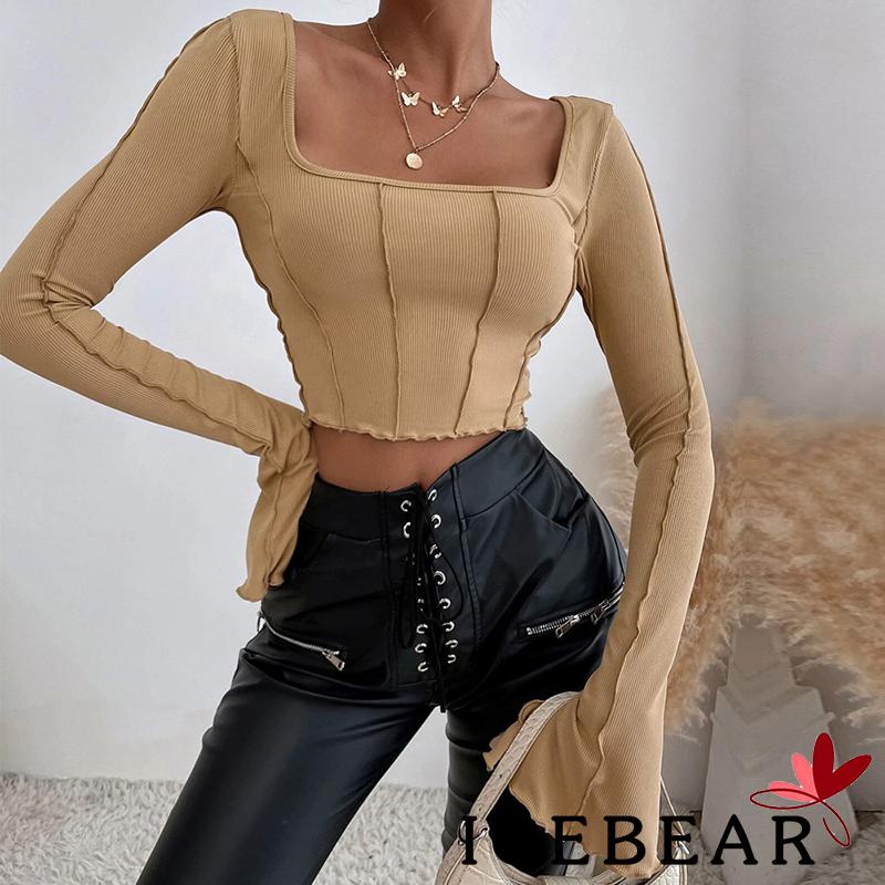 Áo croptop dệt kim tay loe dài cổ vuông phong cách đường phố quyến rũ cho nữ