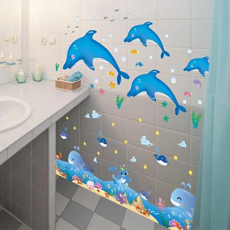 DECAL DÁN TƯỜNG ĐÀN CÁ HEO XANH VÀ CHÂN TƯỜNG CÁ VOI