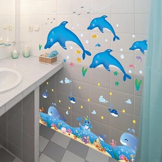 Decal dán tường đàn cá heo xanh và chân tường cá voi