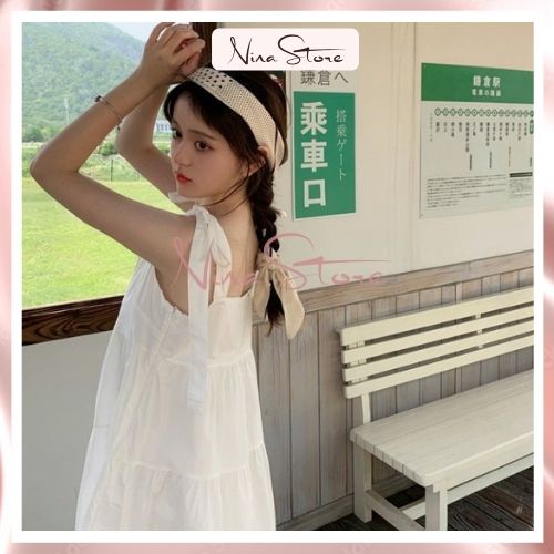 Váy babydoll nữ dáng dài đầm nữ 2 dây buộc nơ vai 2 màu trắng xanh style tiểu thư hàn quốc nhẹ nhàng nữ tính NinaStore
