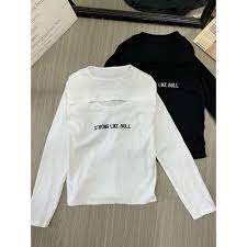 Áo kiểu tay dài khoét ngực phối chữ style năng động C10-2 Rere.style, áo thun khoét giữa dài tay