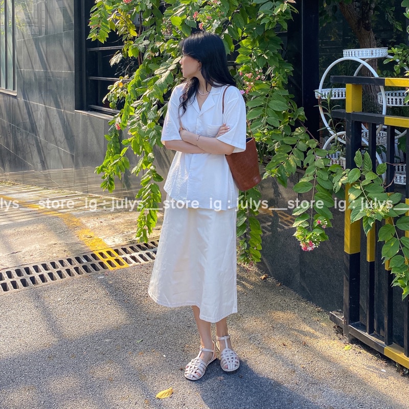 Chân váy kaki dài dáng A lưng chun sau