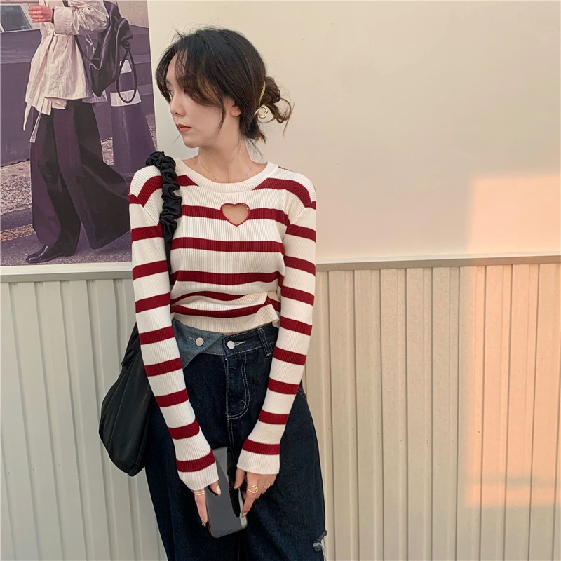 Áo kiểu ZHELIHANGFEI dệt kim tay dài ôm vừa vặn họa tiết kẻ sọc ngang thời trang