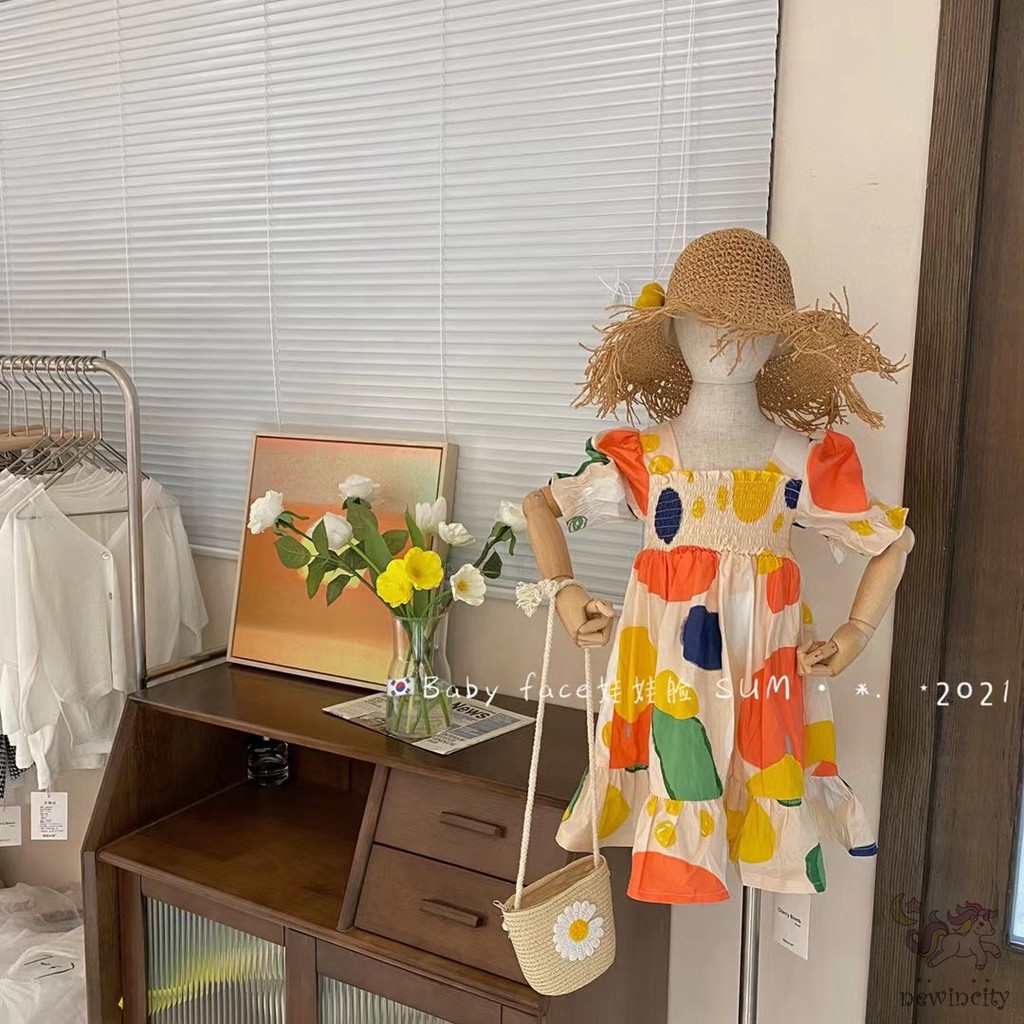 Đầm tay phồng cổ vuông in họa tiết thắt nơ phong cách Hàn Quốc thời trang dành cho bé gái