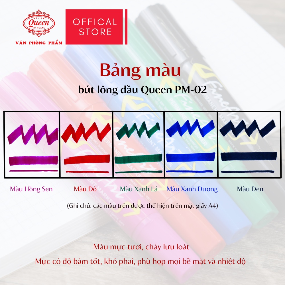 Bút lông dầu Queen  - CHÍNH HÃNG - Hai Đầu Vuông Tròn - Màu Xanh Dương/Đen/Đỏ/Xanh Lá/Hồng Sen - PM02