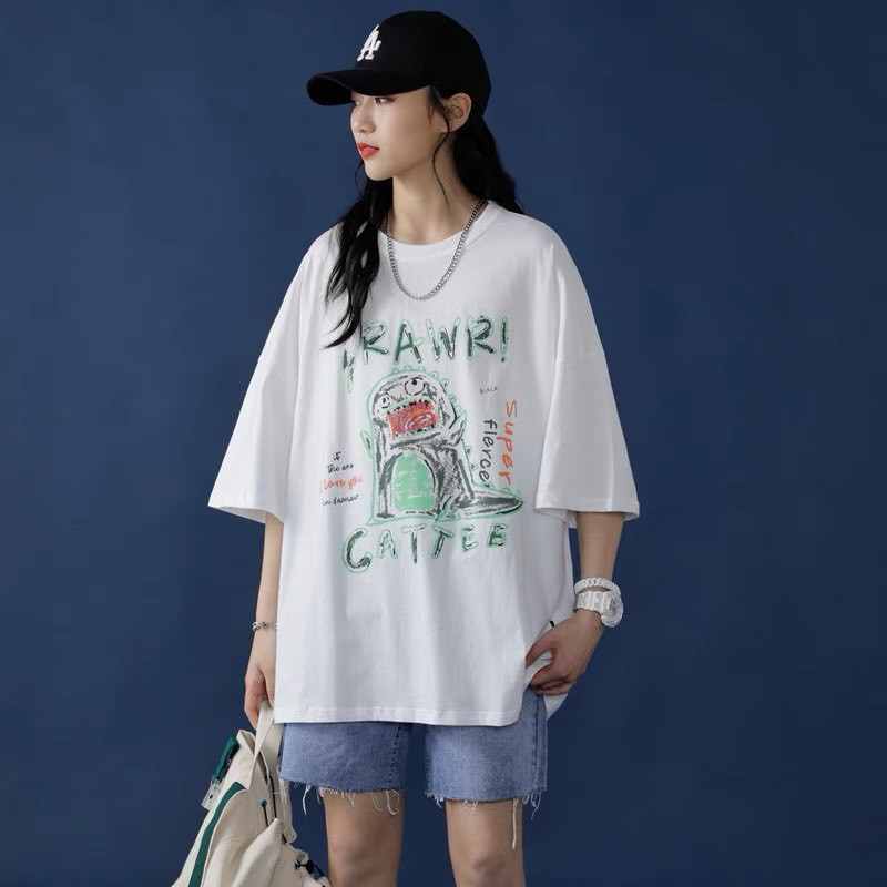 Áo thun tay lỡ Unisex form rộng nam nữ đều mặc được hình in khủng long RAWR RÔ STORE AT08