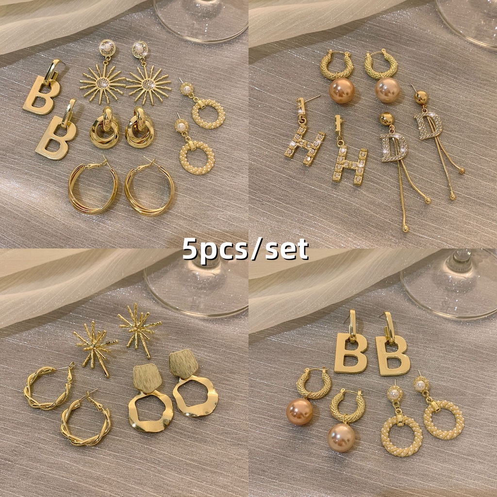 Bộ 5 Khuyên Tai Kim Loại Sang Trọng Phong Cách Hàn Quốc 2023