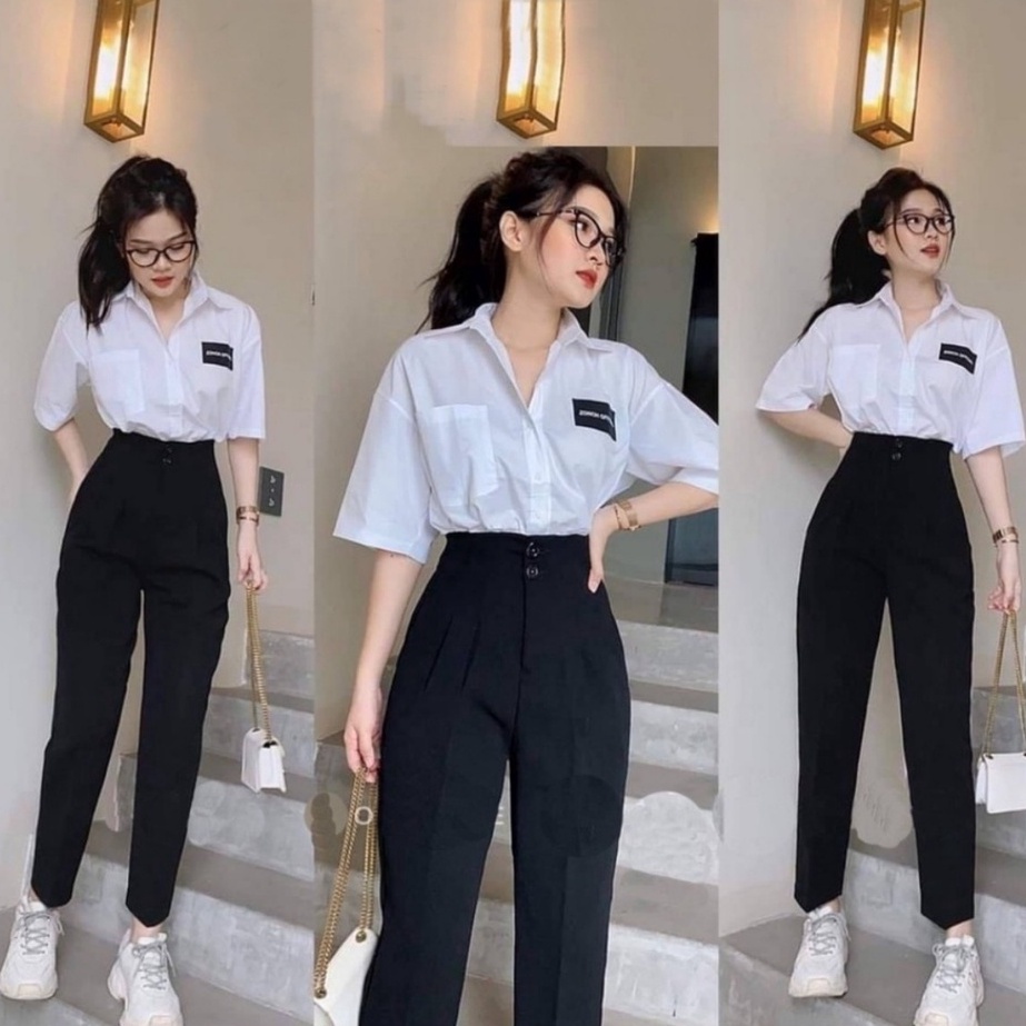 Quần tây lưng cao nữ đi học cạp liền 2 nút khuy ống đứng dáng dài Quần vải baggy đen nữ học sinh co giãn nhẹ làm công sở