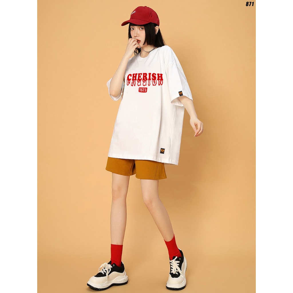 Áo thun unisex form rộng nam nữ tay lỡ đơn giản CHERISH 871 HY KOREA