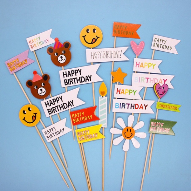 Phụ kiện trang trí bánh kem bánh sinh nhật  que cắm tim cờ happy birthday