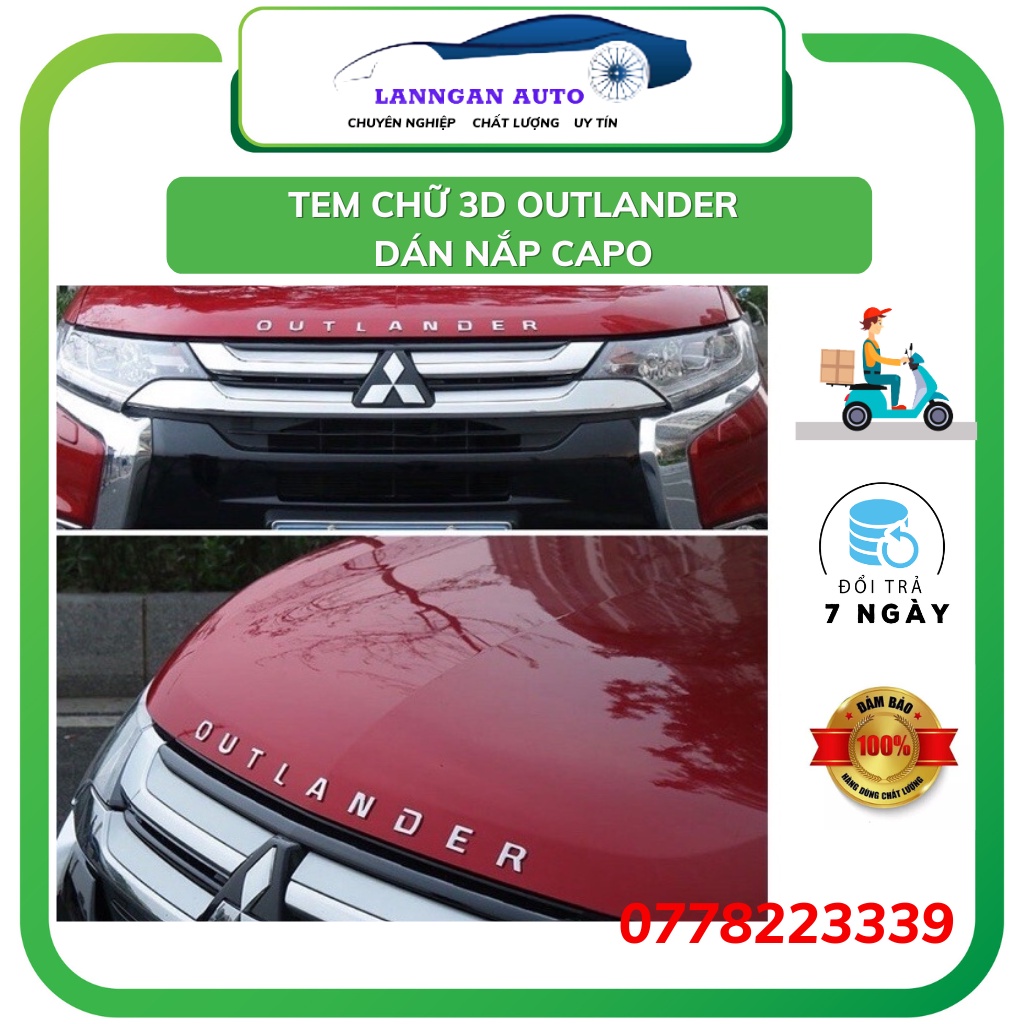 Tem chữ 3D Mitsubishi Outlander 2018-2023, tem dán 3D tráng trí nắp capo