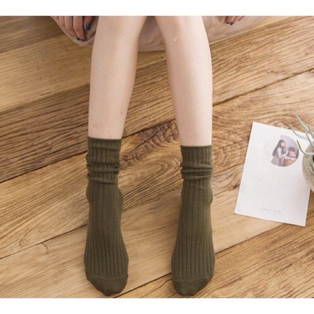 Tất cao cổ len gân vintage trendy - Vớ cổ cao nam nữ trơn Unisex chất len gân thu đông co giãn dày dặn