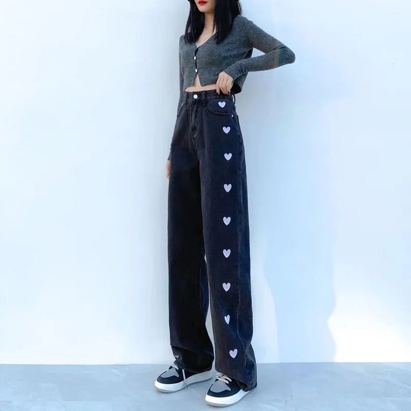 Quần Jeans Nữ Lưng Cao Ống Rộng In Hình Trái Tim Thời Trang Hàn Quốc