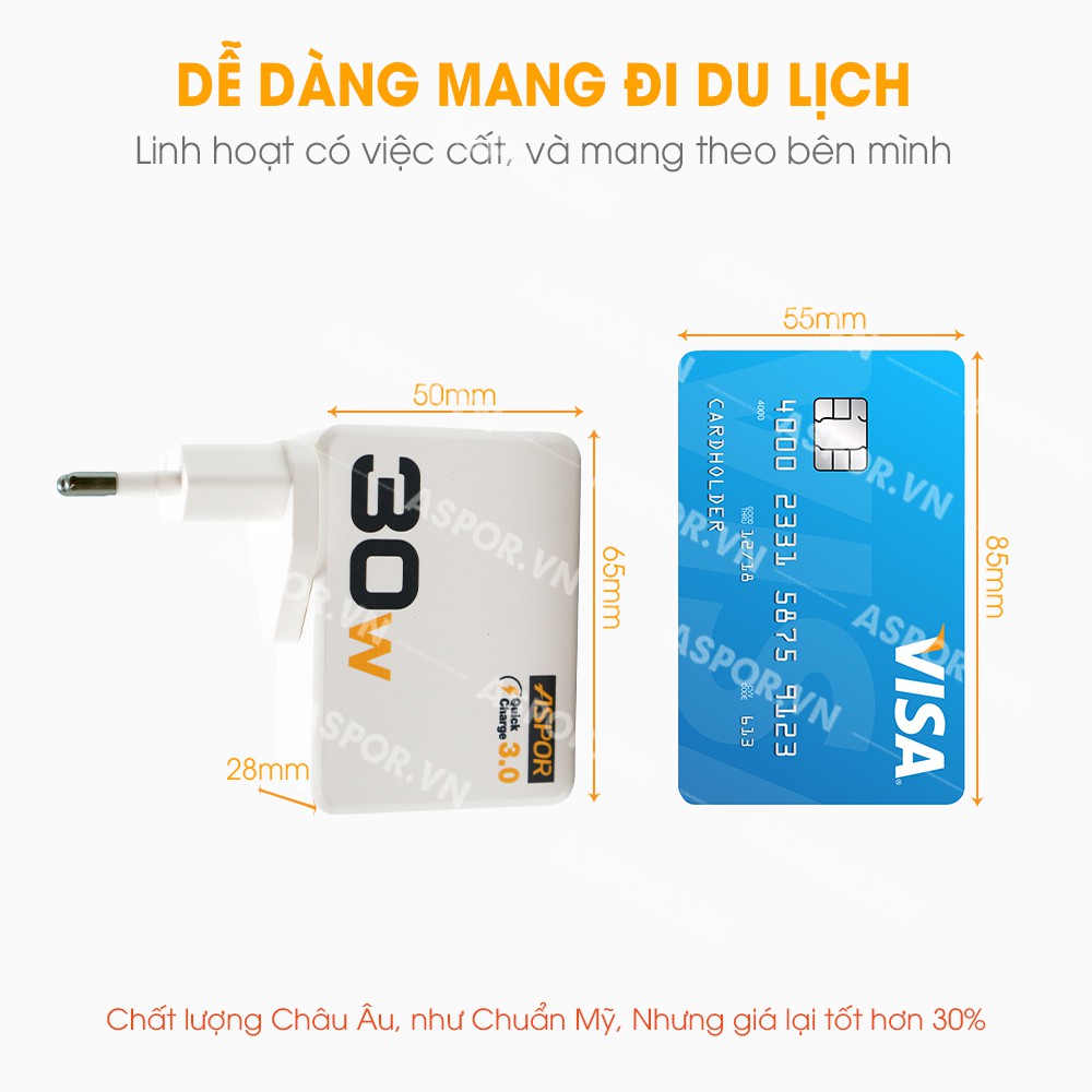 Cốc Sạc 30w công nghệ IQ 3.0 sạc nhanh,củ sạc nhanh Aspor A858Q- Hàng Chính Hãng