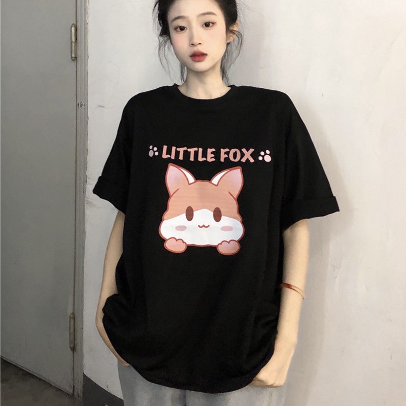 Áo Thun Tay Ngắn Dáng Rộng Hoạ Tiết Chú Cáo Đáng Yêu