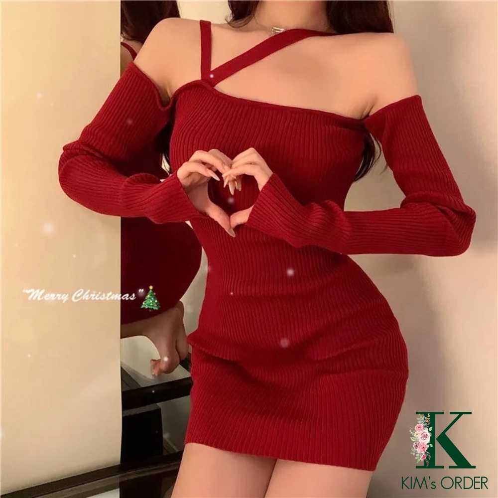 Đầm len body màu đỏ đen dây chéo trễ vai dài tay ôm sát sexy sang chảnh sành điệu mặc Noel Tết chất đẹp loại 1 co dãn