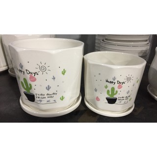 Bộ 2 chậu sứ mini tráng men cao cấp có gắn dĩa trồng cây để bàn-kích thước cao 13xrộng14 cm, cao15xrộng17 cm