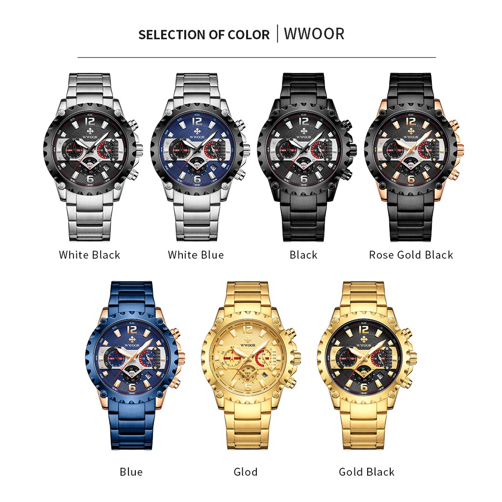 Đồng hồ WWOOR 8880 dành cho nam mặt số analog bằng thép không gỉ chống nước