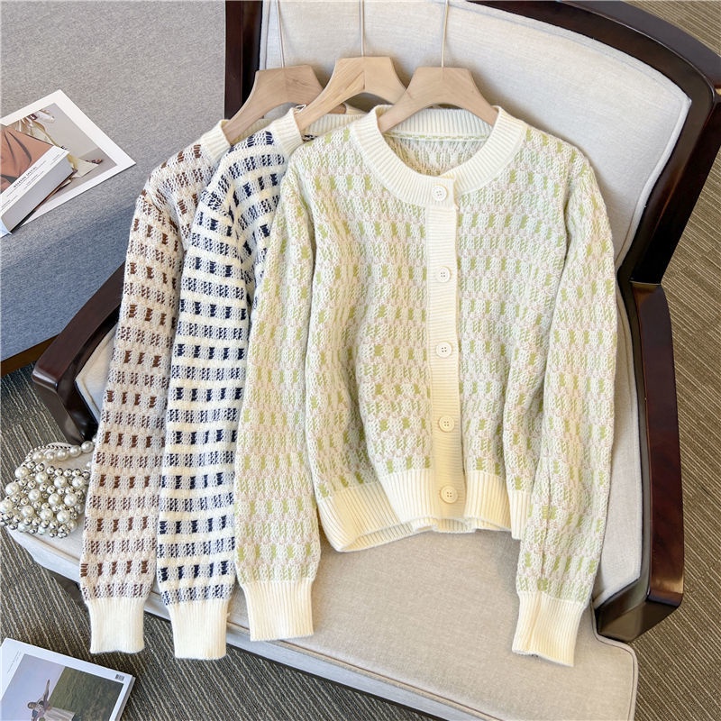 Áo Khoác Cardigan Dệt Kim Tay Dài Cổ Tròn Họa Tiết Kẻ Sọc Màu Sắc Tương Phản Thời Trang Thu Đông Cho Nữ