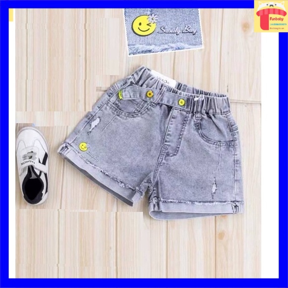 Quần bò bé gái 5-10 tuổi cộc in chữ và mặt cười, Quần jean đùi cho bé vải mềm thoáng mát ống quần rộng