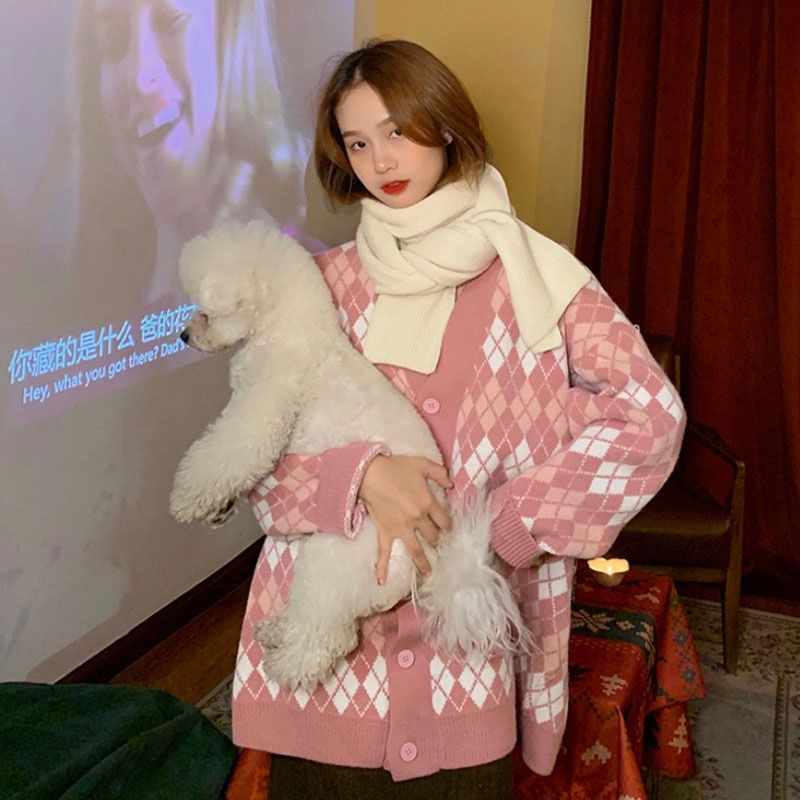 Áo Khoác Sweater Tay Dài Dáng Rộng Họa Tiết Kẻ Sọc Caro Phong Cách Retro Đơn Giản