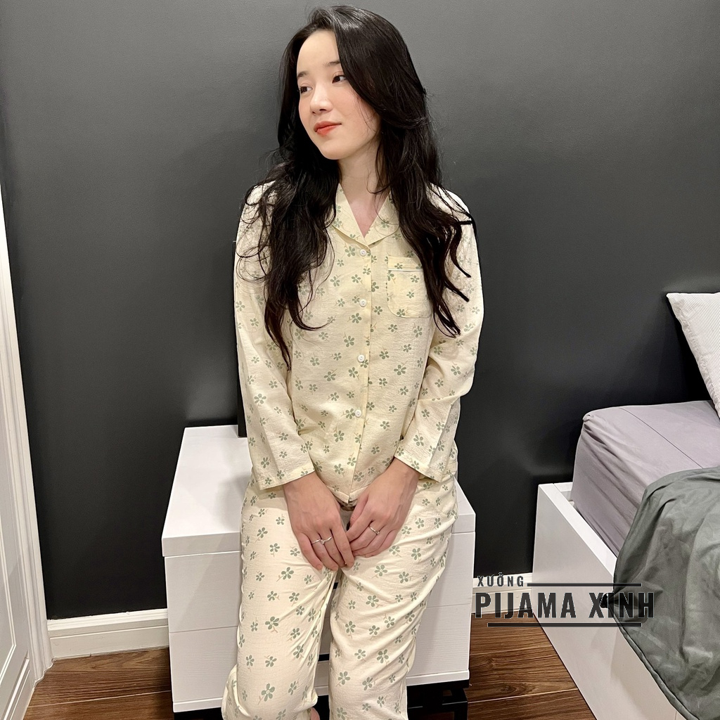 Đồ bộ nữ mặc nhà, pijama đũi xốp cao cấp hoạ tiết hoa xanh dễ thương