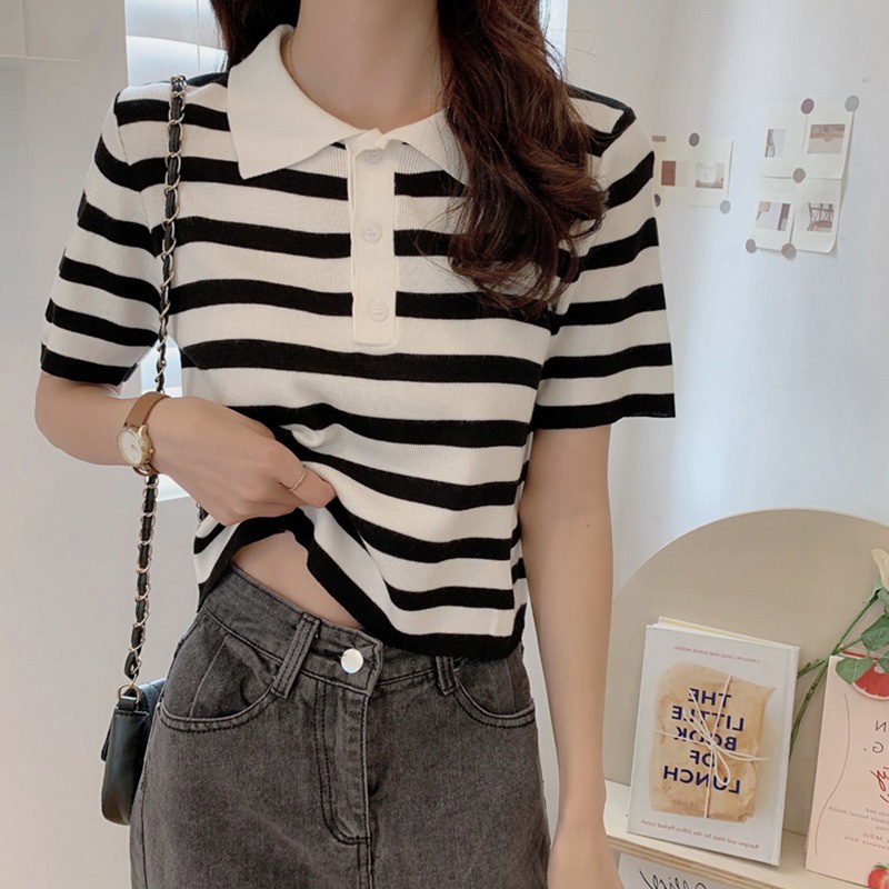 Áo thun ZHELIHANGFEI cổ polo dệt kim tay ngắn họa tiết sọc ngang thời trang cho nữ