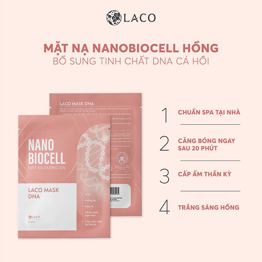 Mặt nạ dưỡng da Laco NANO BIOCELL lên men từ nước dừa tươi nguyên chất da căng bóng trắng hồng, Nạ dưỡng da sinh học 10g