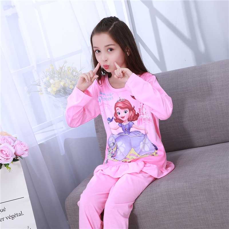 Bộ Đồ Ngủ Tay Dài Cổ Tròn In Hoạt Hình Dành Cho Bé Gái