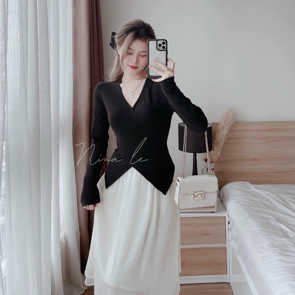 Set Áo Cổ Tim Tay Dài Vạt Chéo Tà Và Chân Váy Có Lót