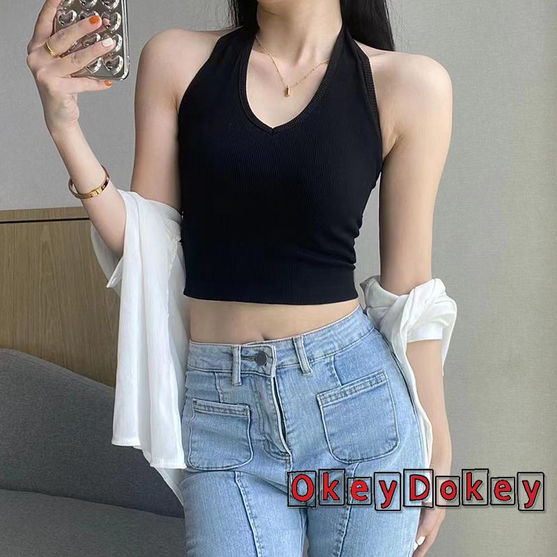 Áo Cổ Yếm Không Tay Hở Lưng Ôm Dáng Màu Trơn Thời Trang Mùa Hè Cho Nữ