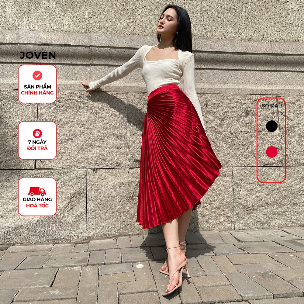 JOVEN - Chân váy dập ly gấm xéo tà Đen/ Đỏ