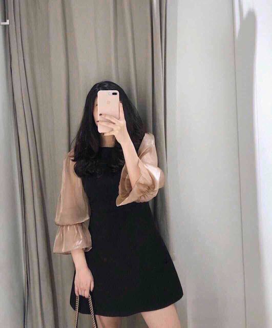 ĐẦM RETRO ĐEN PHỐI TAY VOAN NUDE